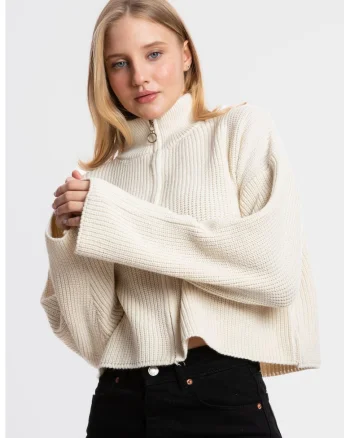 Pulover dama,  supradimensionat, guler inalt, crem, tricot, Bej