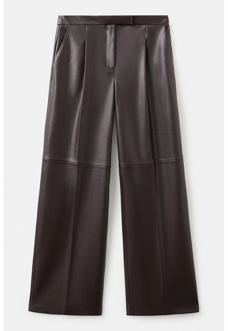 Pantaloni din piele ecologica cu croiala ampla, Maro inchis