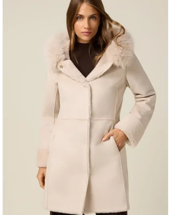 Palton lung din blana shearling sintetica cu gluga, Crem
