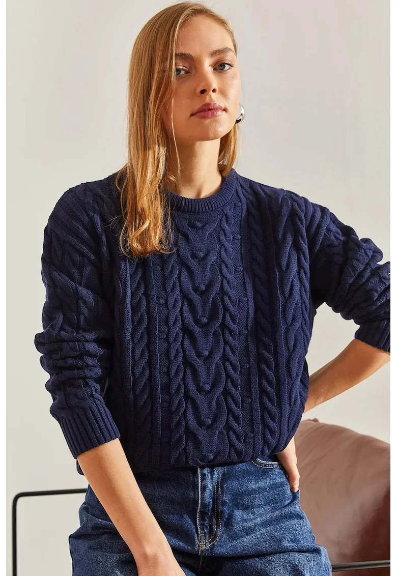 Pulover dama,  guler rotund, texturat, bleumarin, tricot,