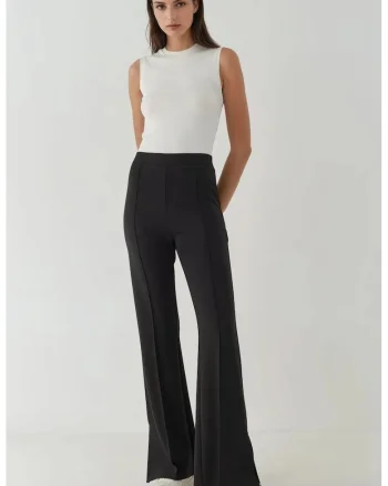 Pantaloni dama,  evazati, talie inalta, negru, textil