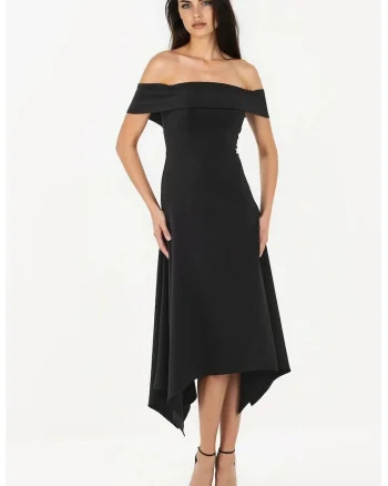 Rochie maxi A-line,  umeri goi, negru, material de inalta calitate