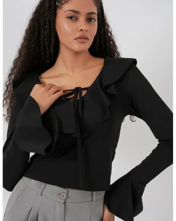 Bluza dama, HiCCUP, scurta cu volane, decolteu in V, negru, textil