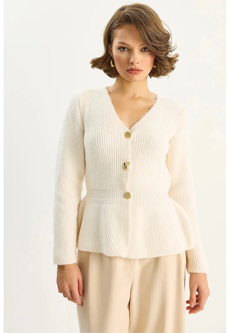 Cardigane,  Femei, Cardigan cu maneca lunga, decolteu in V si nasturi, cu nervuri LUCCI, Crema naturala,