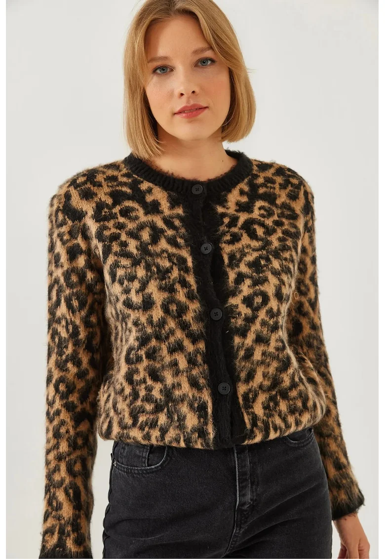 Cardigan tricotat gros  cu nervuri si imprimeu leopard, multicolor, tricot,