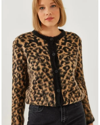 Cardigan tricotat gros  cu nervuri si imprimeu leopard, multicolor, tricot,