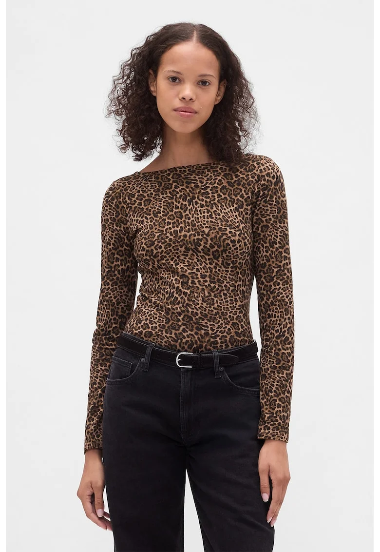 Bluza slim fit cu decolteu barcuta, Negru/Maro