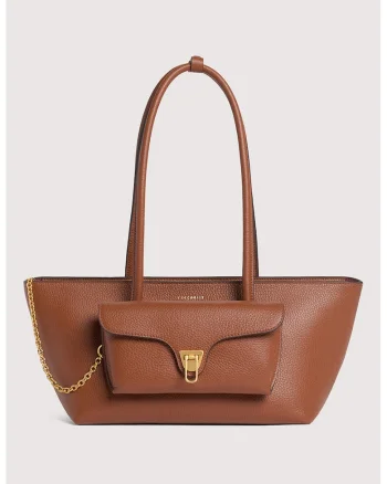Geanta tote trapezoidala de piele Double Beat, Maro cognac
