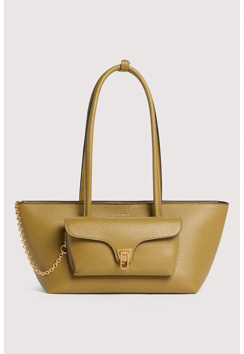 Geanta tote trapezoidala de piele Double Beat, Verde masliniu