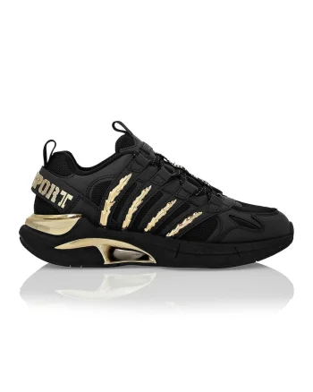 Pantofi sport cu insertii din piele ecologica, pentru alergare, Auriu/Negru
