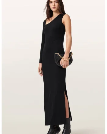 Rochie dreapta cu decolteu asimetric si slit lateral, Negru