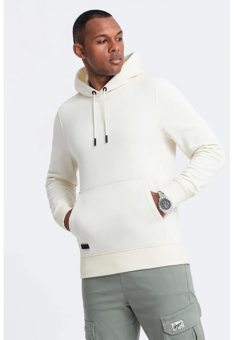 Hanorac de bumbac cu buzunar kangaroo, Crem