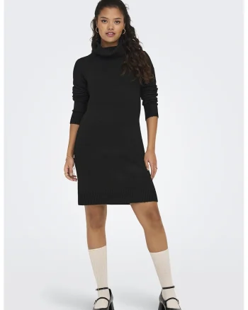 Rochie-pulover tricotata fin cu guler inalt, Negru