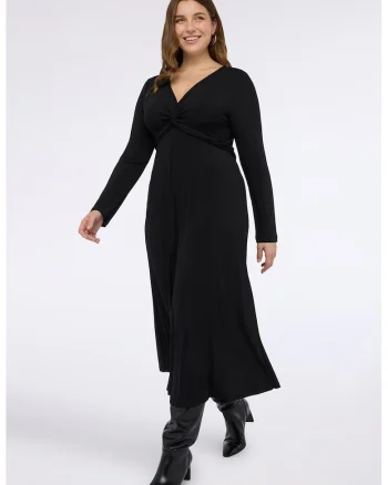 Rochie cu maneca lunga si decolteu in V, Negru