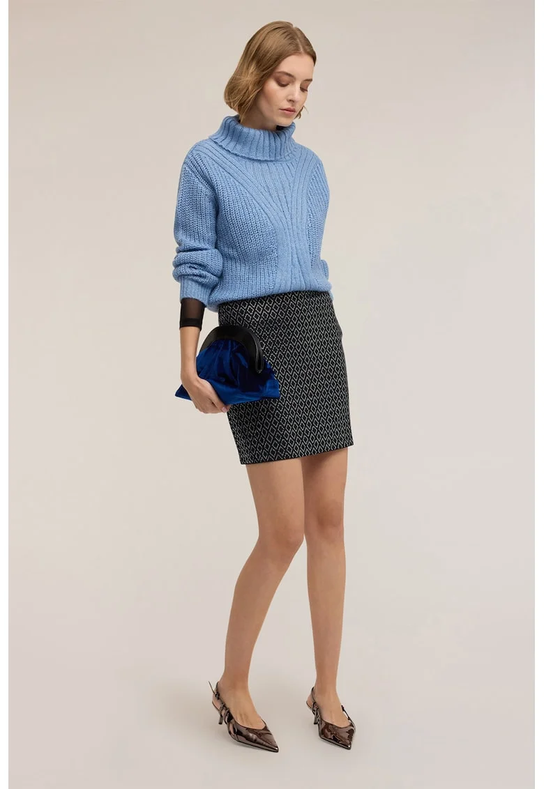 Fusta mini cu model geometric, Negru/Albastru/Argintiu