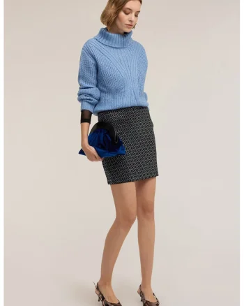 Fusta mini cu model geometric, Negru/Albastru/Argintiu