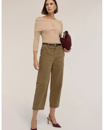 Pulover slim fit cu decolteu pe umeri, Bej