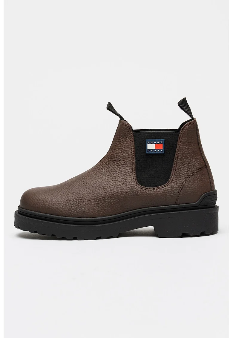 Ghete Chelsea din piele cu logo, Maro inchis
