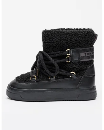 Ghete pull-on din blana shearling sintetica cu garnituri din piele ecologica, Negru