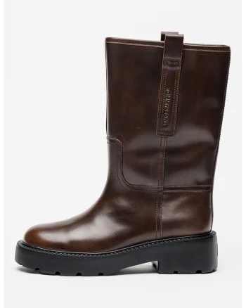 Cizne mid-calf din piele cu logo, Maro cognac