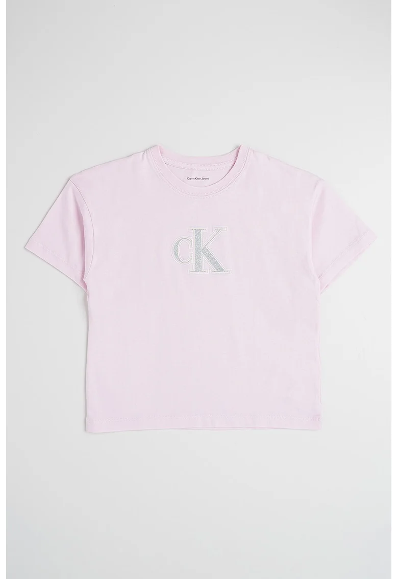 Tricou cu decolteu la baza gatului si imprimeu logo, Roz deschis