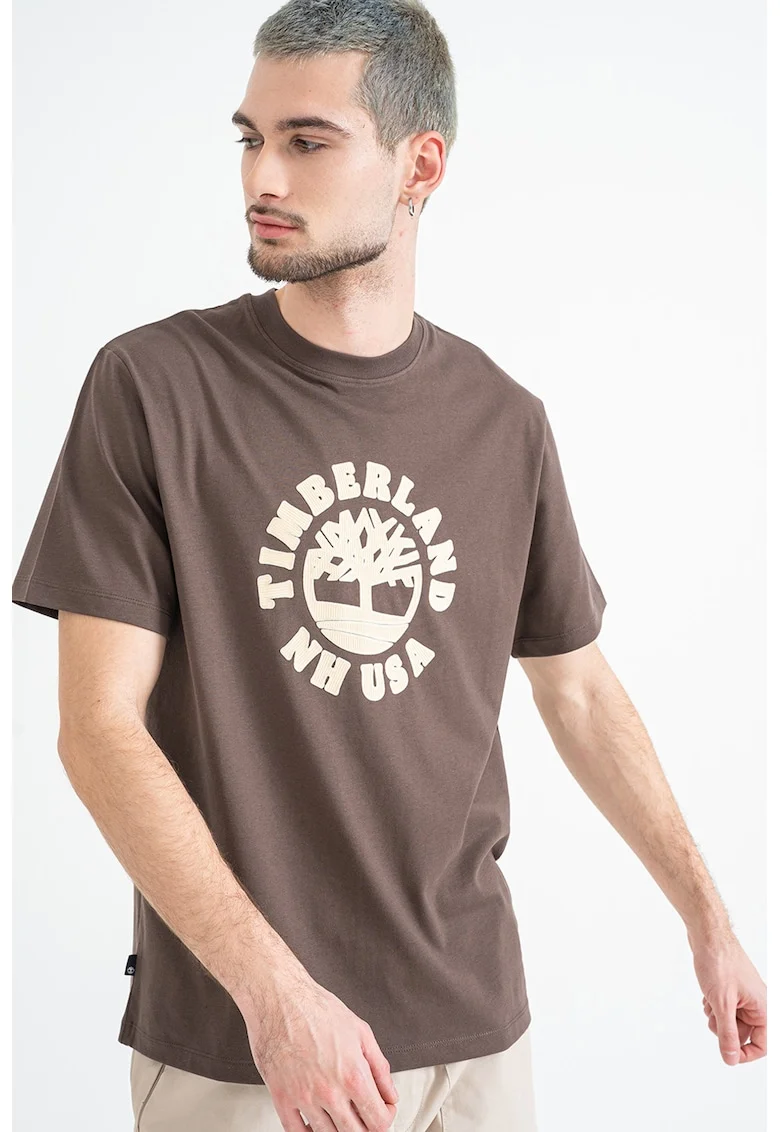 Tricou cu decolteu la baza gatului si logo texturat, Alb fildes/Maro