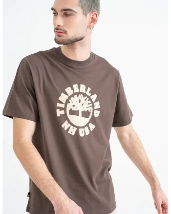 Tricou cu decolteu la baza gatului si logo texturat, Alb fildes/Maro