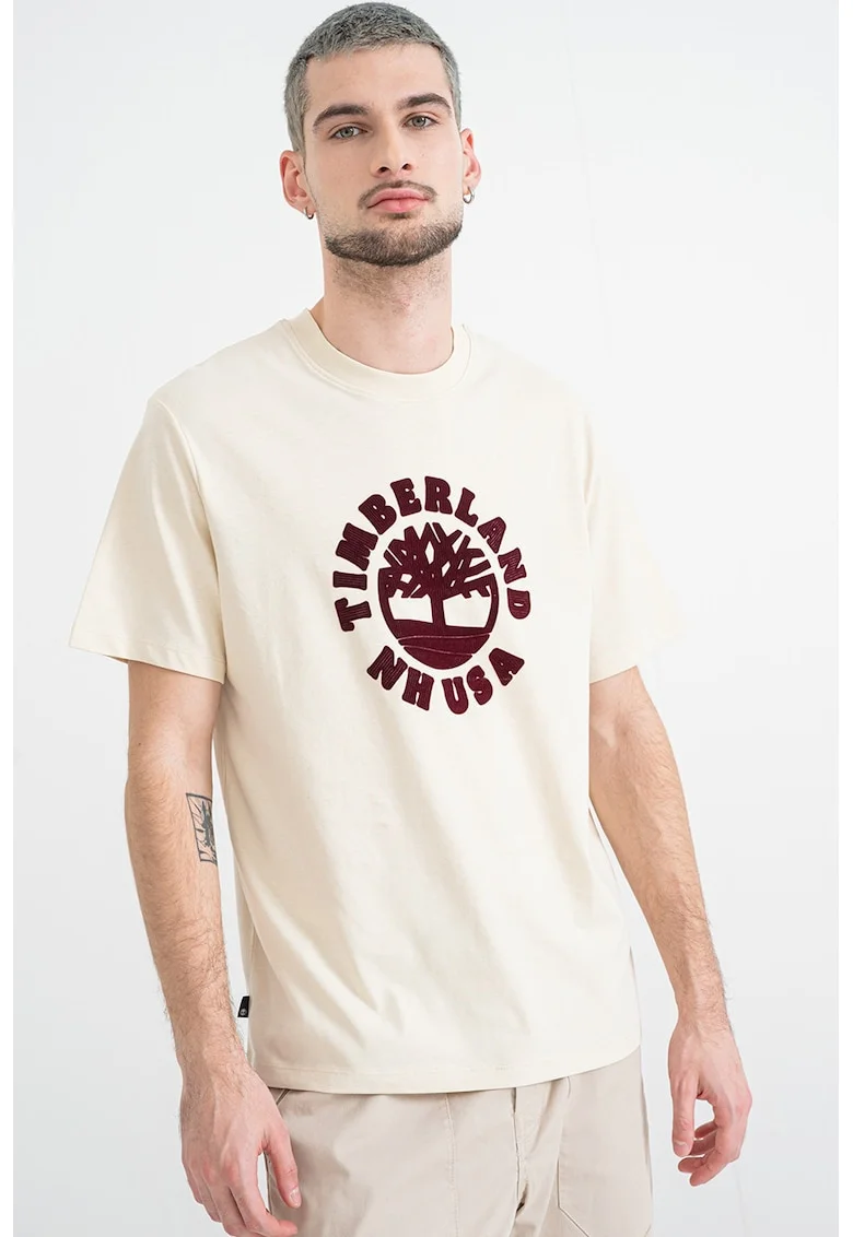 Tricou cu decolteu la baza gatului si logo texturat, Visiniu/Bej deschis