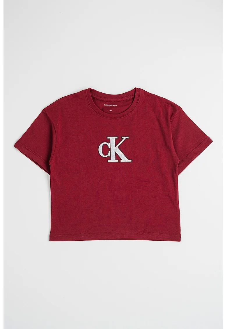 Tricou cu decolteu la baza gatului si imprimeu logo, Visiniu