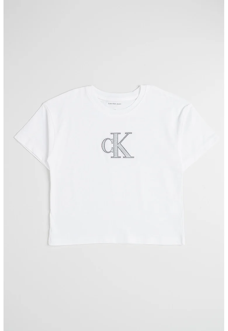 Tricou cu decolteu la baza gatului si imprimeu logo, Alb