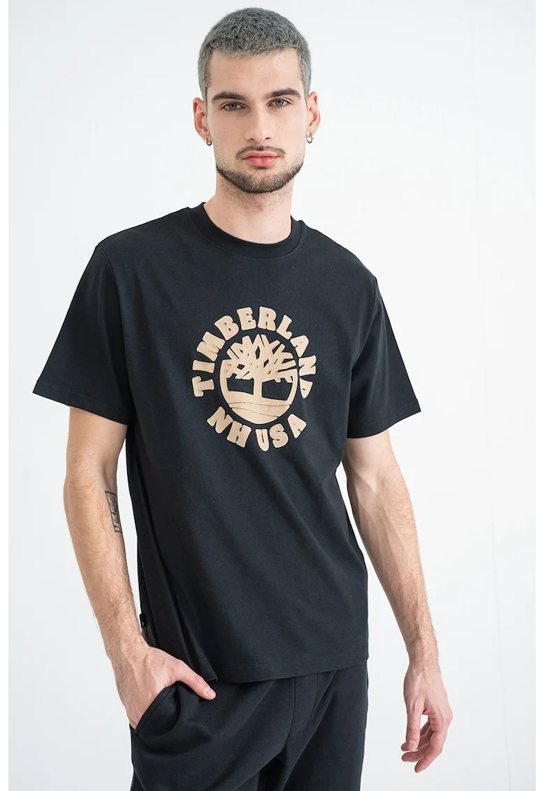 Tricou cu decolteu la baza gatului si logo texturat, Negru/Maro nisip
