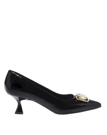 Pantofi din piele cu varf ascutit si pietre decorative, Negru