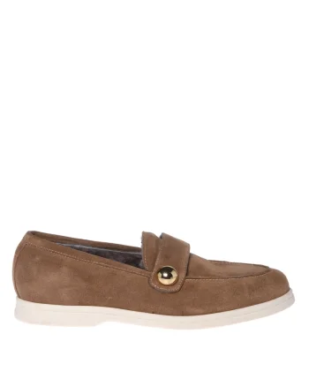 Pantofi loafer de piele intoarsa cu bareta decorativa, Bej