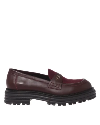 Pantofi loafer din piele si piele intoarsa cu aspect masiv, Visiniu