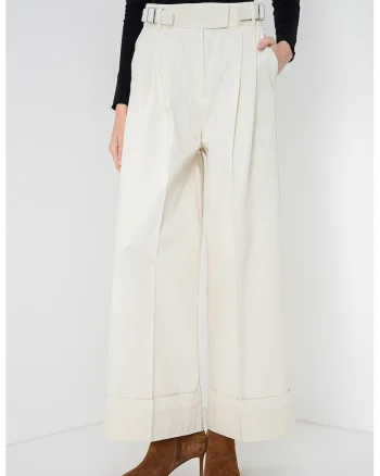 Pantaloni cu croiala ampla si talie inalta Garonna, Crem