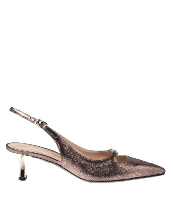 Pantofi slingback din piele intoarsa cu aspect metalizat, Bronz