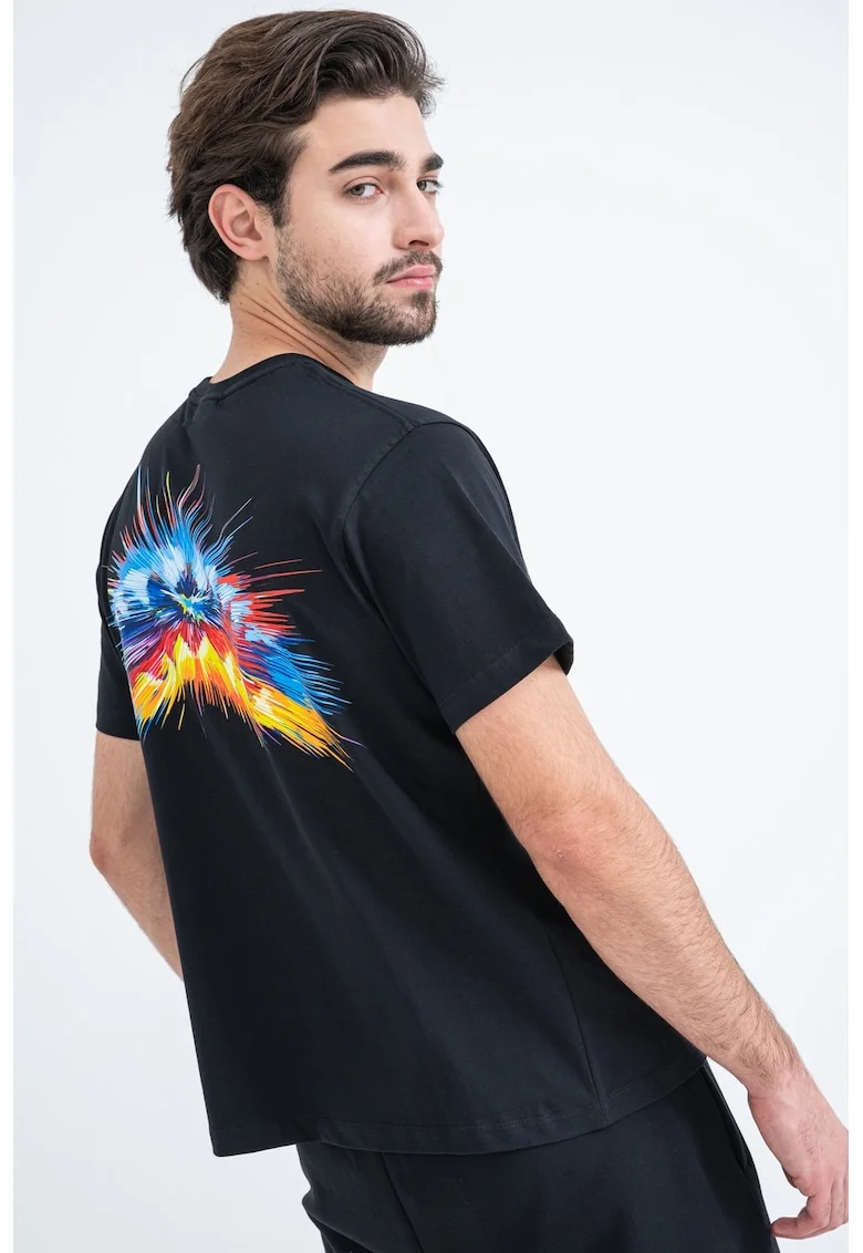 Tricou cu decolteu la baza gatului si imprimeu, Negru/Galben/Albastru