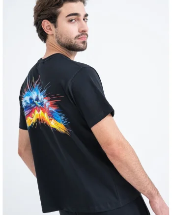 Tricou cu decolteu la baza gatului si imprimeu, Negru/Galben/Albastru