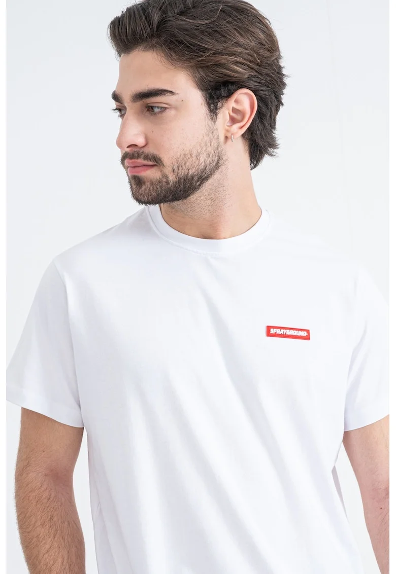 Tricou cu decolteu la baza gatului si imprimeu, Rosu/Alb optic