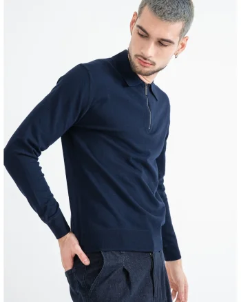 Pulover slim fit cu guler polo cu fermoar, Bleumarin