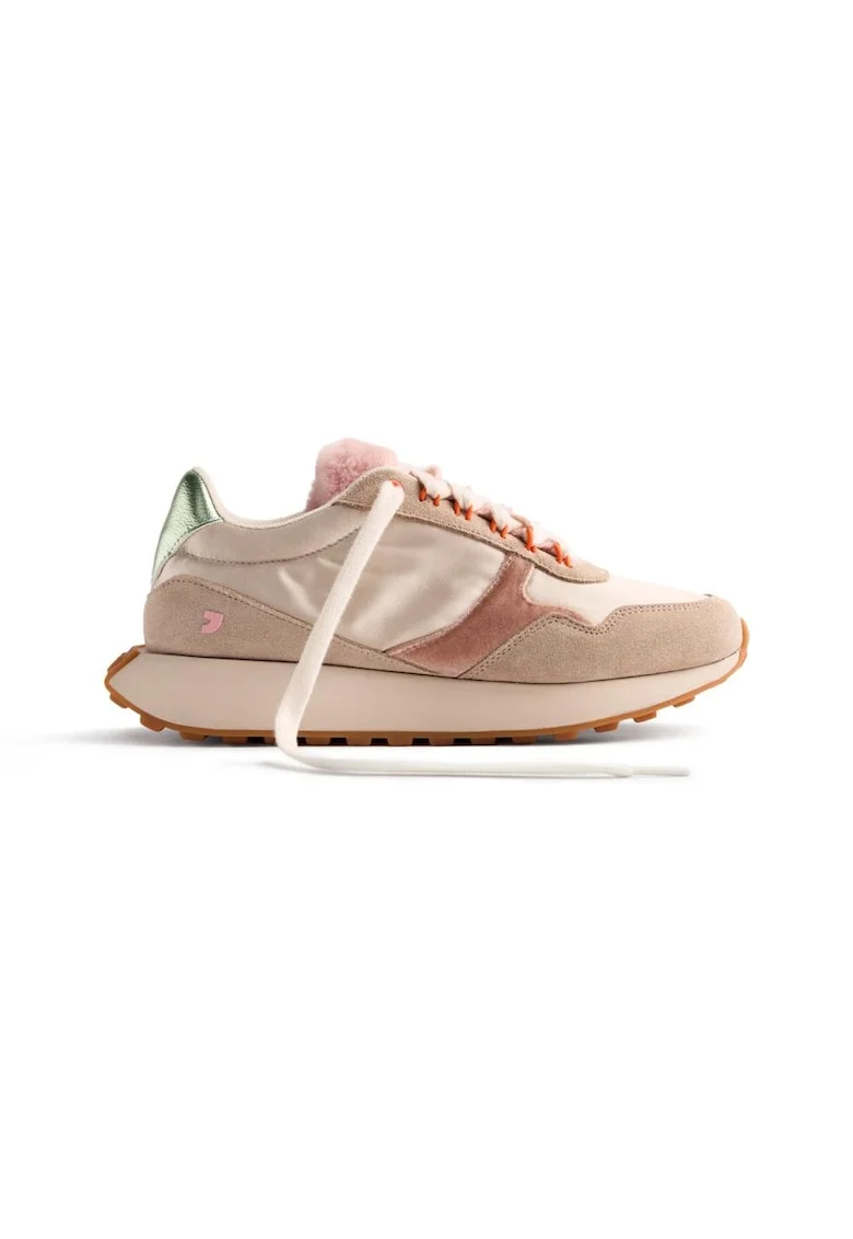 Pantofi sport de piele intoarsa cu garnituri textile si stralucitoare, Bej