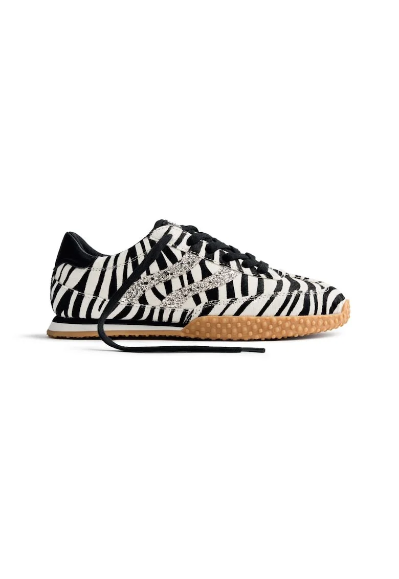 Pantofi sport din piele cu par scurt si piele cu animal print, Alb/Negru