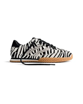Pantofi sport din piele cu par scurt si piele cu animal print, Alb/Negru