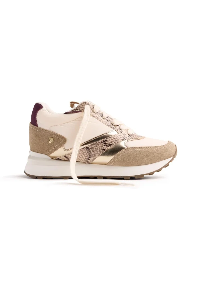 Pantofi sport wedge cu garnituri de piele intoarsa si material textil, Maro taupe