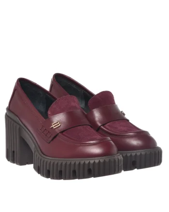 Pantofi loafer de piele si piele intoarsa cu toc masiv, Visiniu