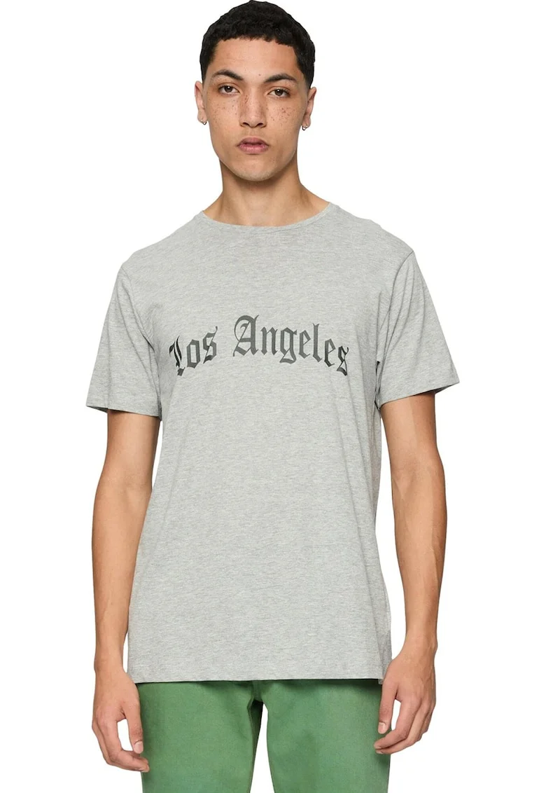 Tricou regular fit cu model text, Gri melange