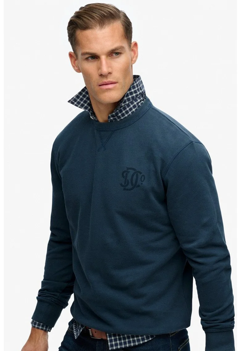 SUPERDRY, Bluza de trening cu decolteu la baza gatului si detaliu cu logo discret, Bleumarin
