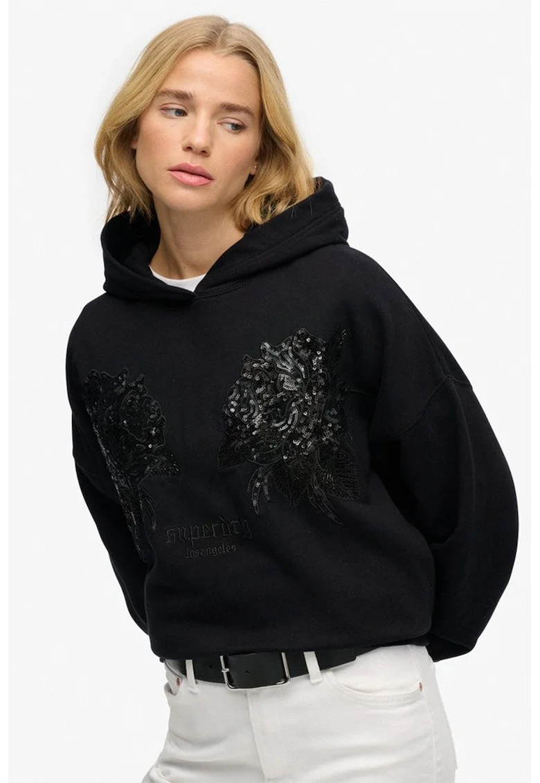 SUPERDRY, Hanorac cu aplicatii cu paiete, Negru