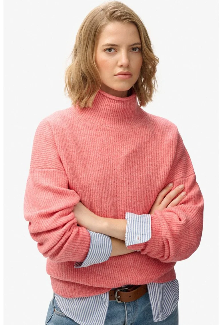 SUPERDRY, Pulover cu guler inalt si maneci cazute, Coral