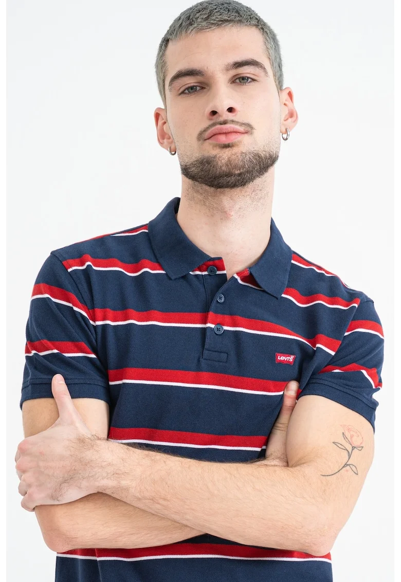 Tricou polo in dungi Housemark, Rosu/Bleumarin